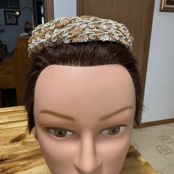 Vintage 60s Womens Small Pillbox Hat Mid Century Pink Taupe Pailettes Sequins - Picture 4 of 11